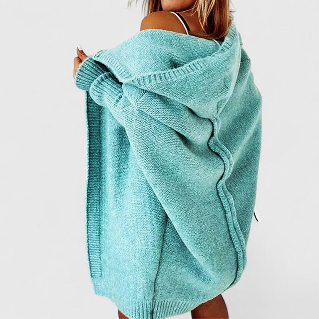 Woman wearing the Madelyn women's cardigan, detail view