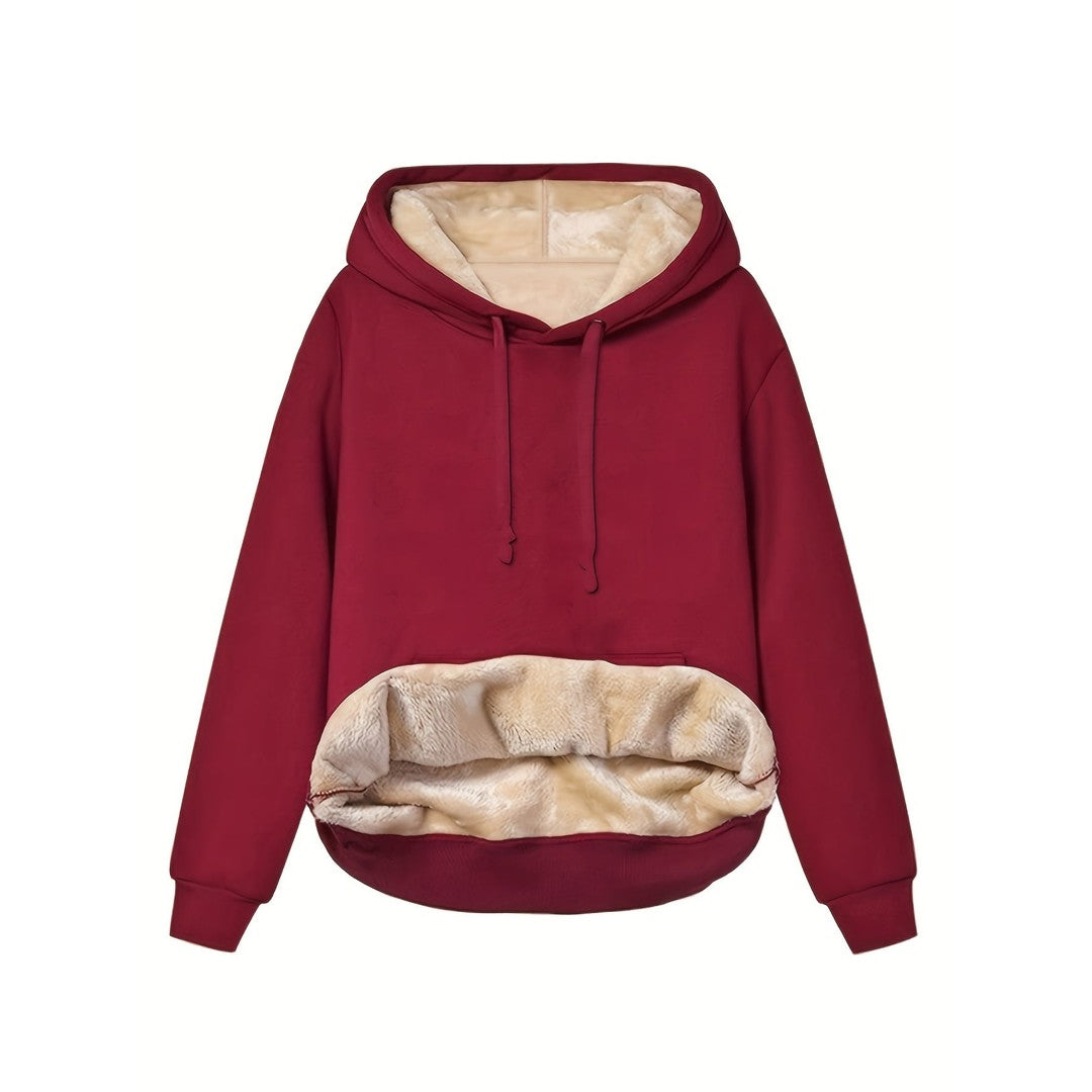 Woman wearing the Maeve women's fleece hoodie, detail view