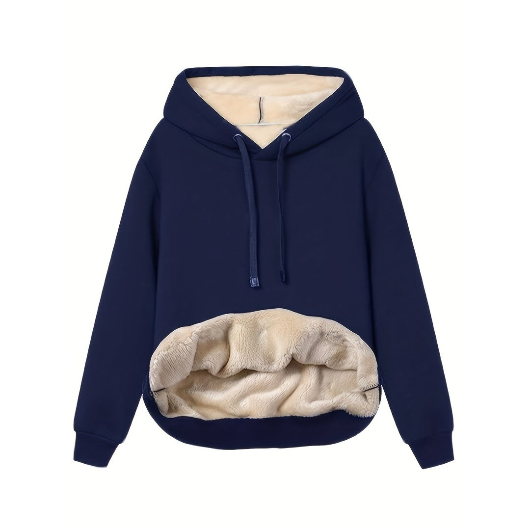 Woman wearing the Maeve women's fleece hoodie, flatlay view