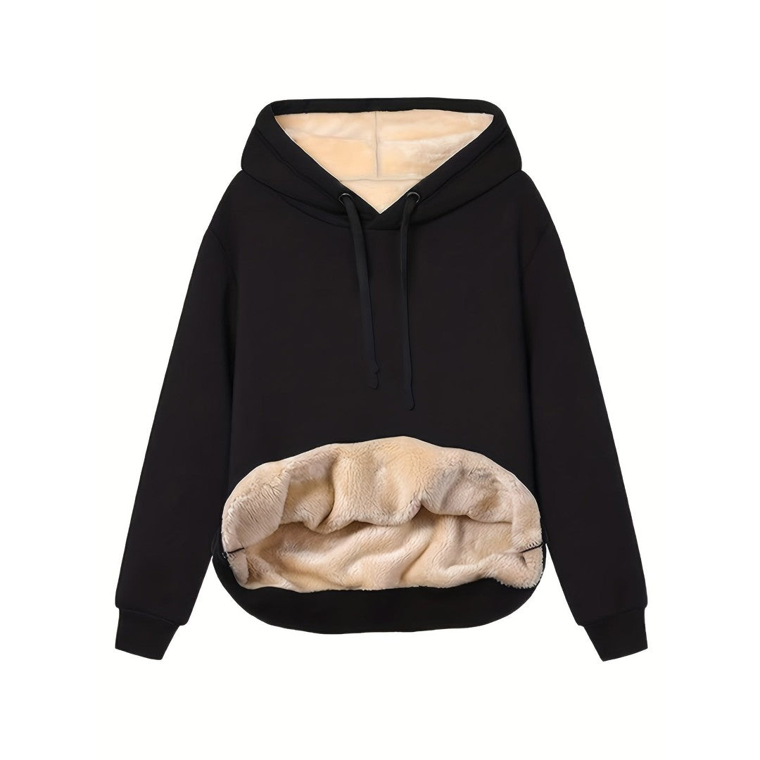 Woman wearing the Maeve women's fleece hoodie, front view