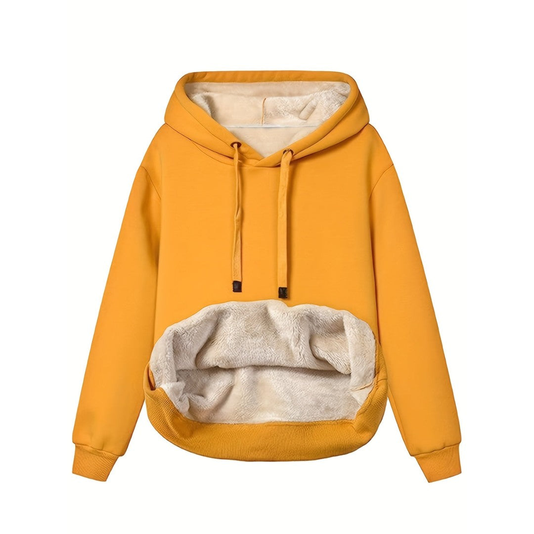Woman wearing the Maeve women's fleece hoodie, model view
