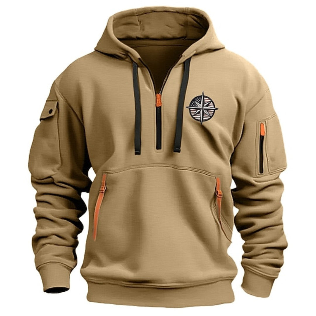 Man wearing the Magnus men's hooded cotton hoodie, back view