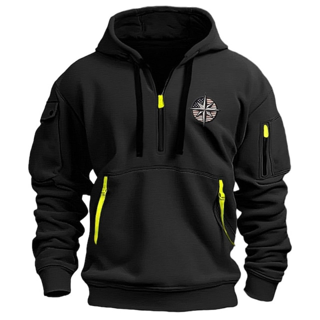 Man wearing the Magnus men's hooded cotton hoodie, detail view
