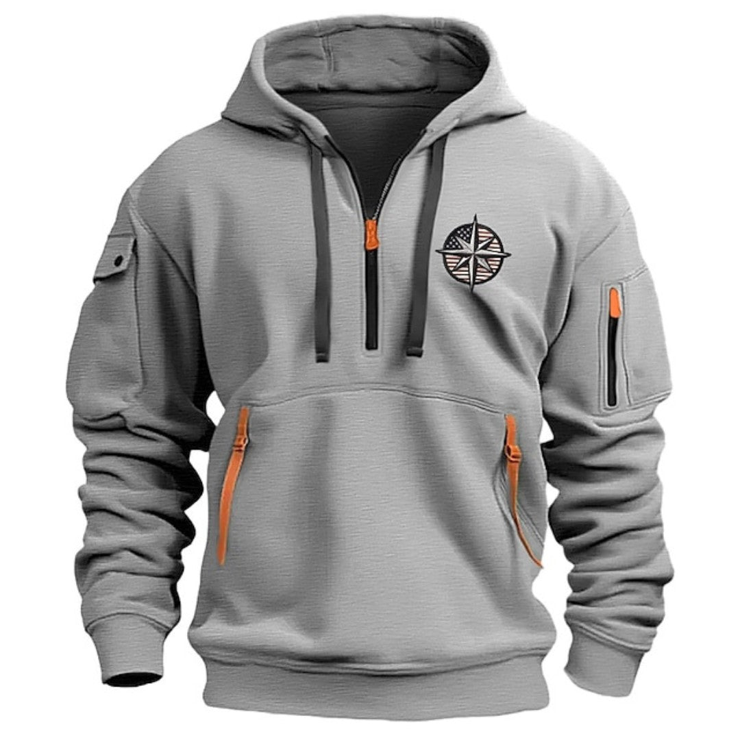 Man wearing the Magnus men's hooded cotton hoodie, front view