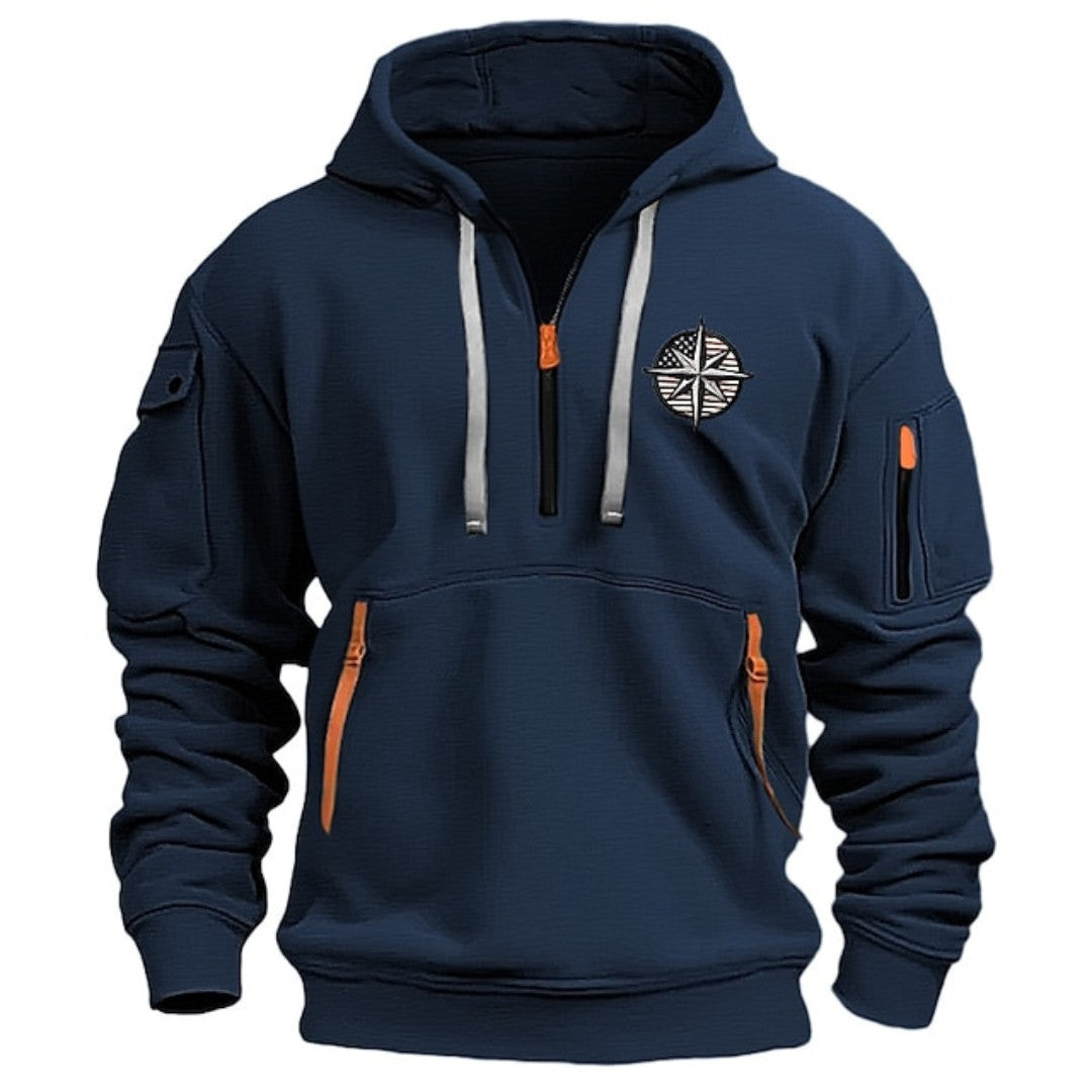 Man wearing the Magnus men's hooded cotton hoodie, side view