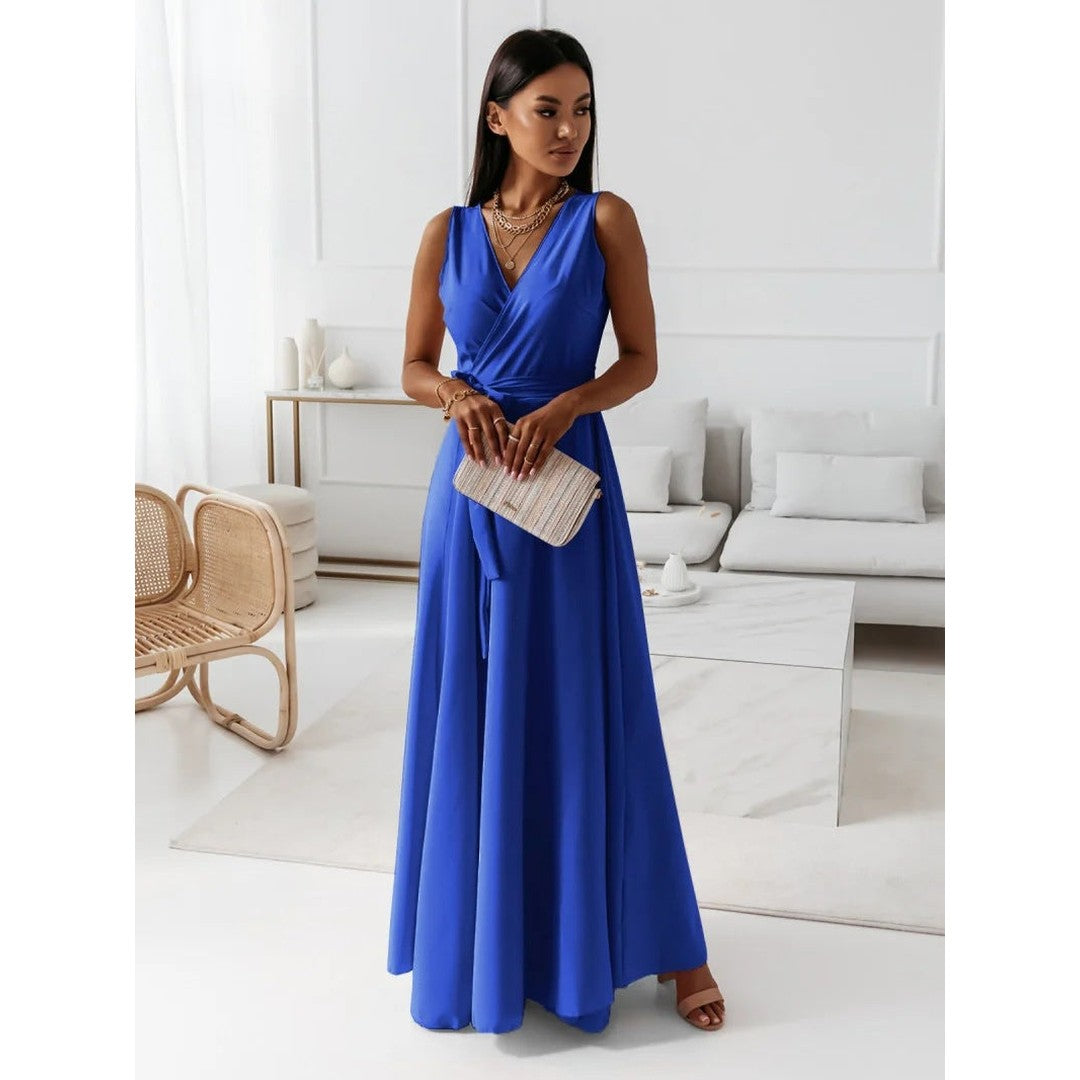 Woman wearing the Maia women's v-neck elegant dress, 7 view