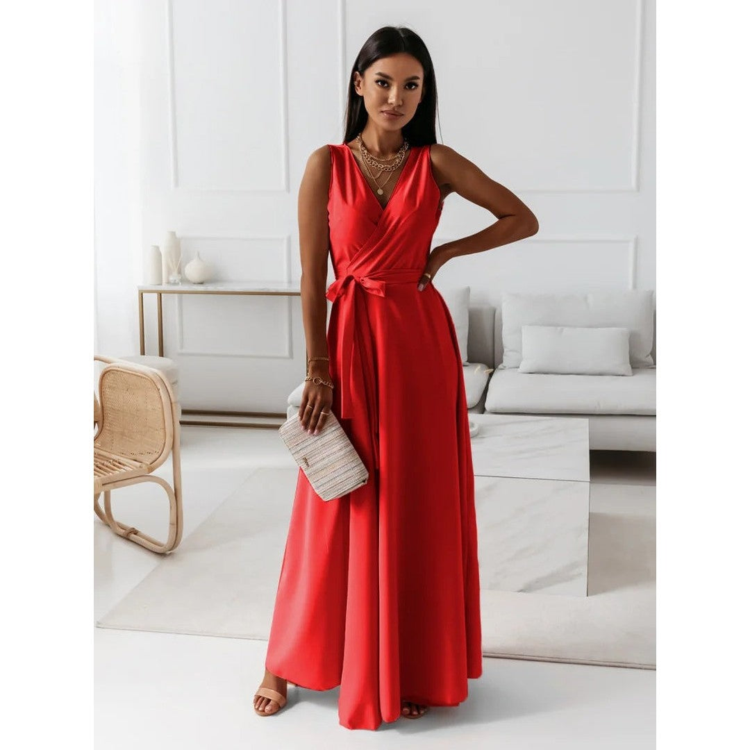 Woman wearing the Maia women's v-neck elegant dress, detail view