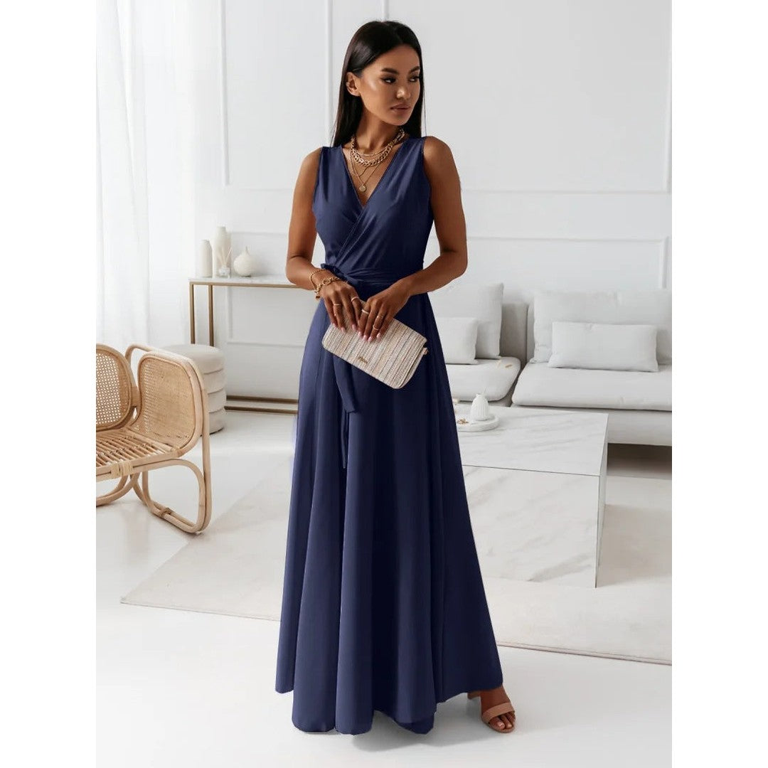 Woman wearing the Maia women's v-neck elegant dress, flatlay view
