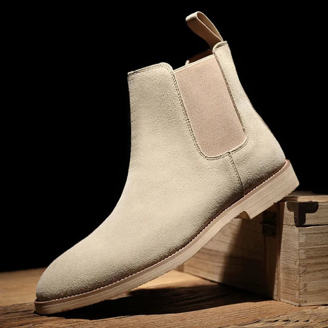 Man wearing the Marcel men's suede boots, back view