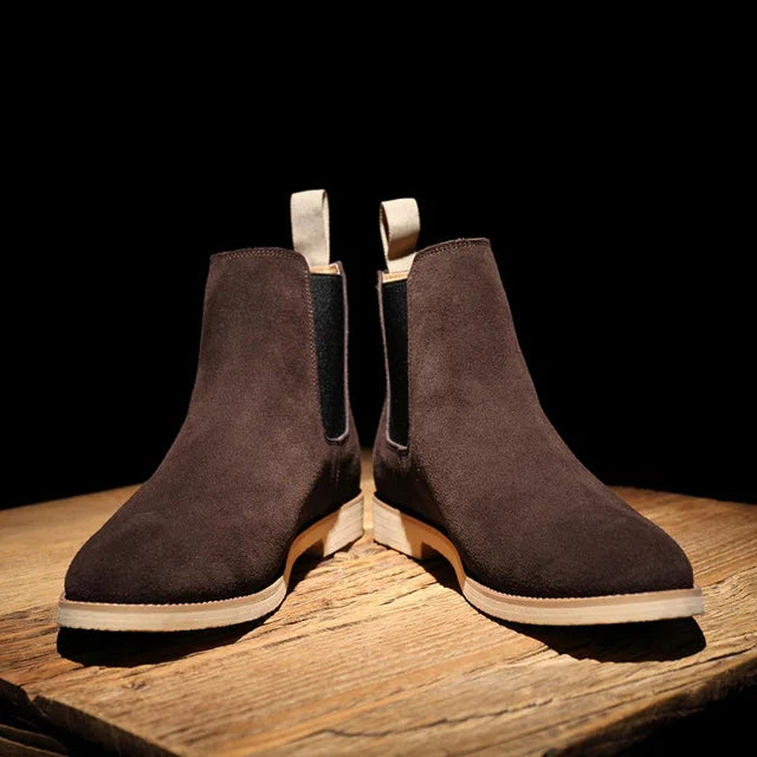 Man wearing the Marcel men's suede boots, detail view