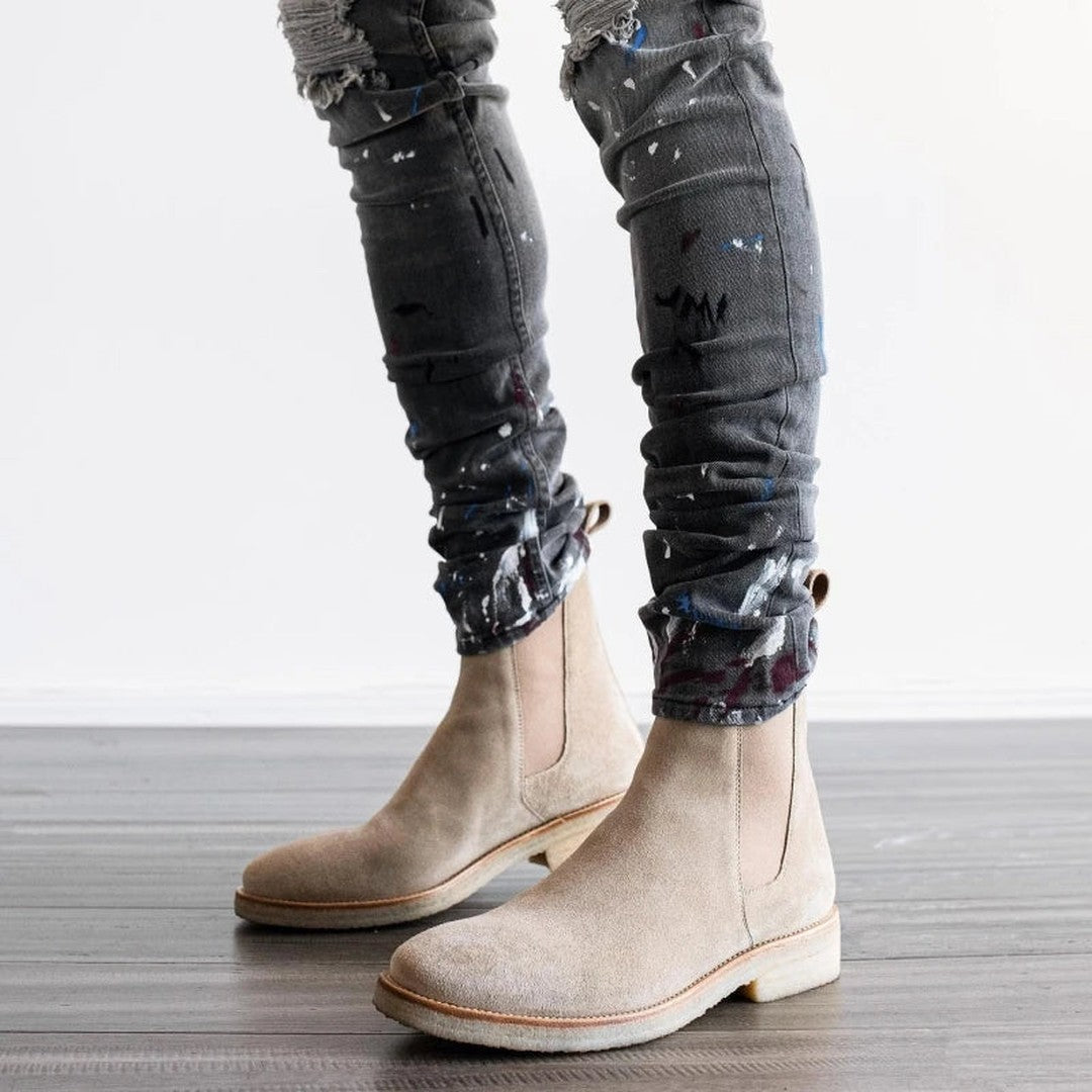 Man wearing the Marcel men's suede boots, front view