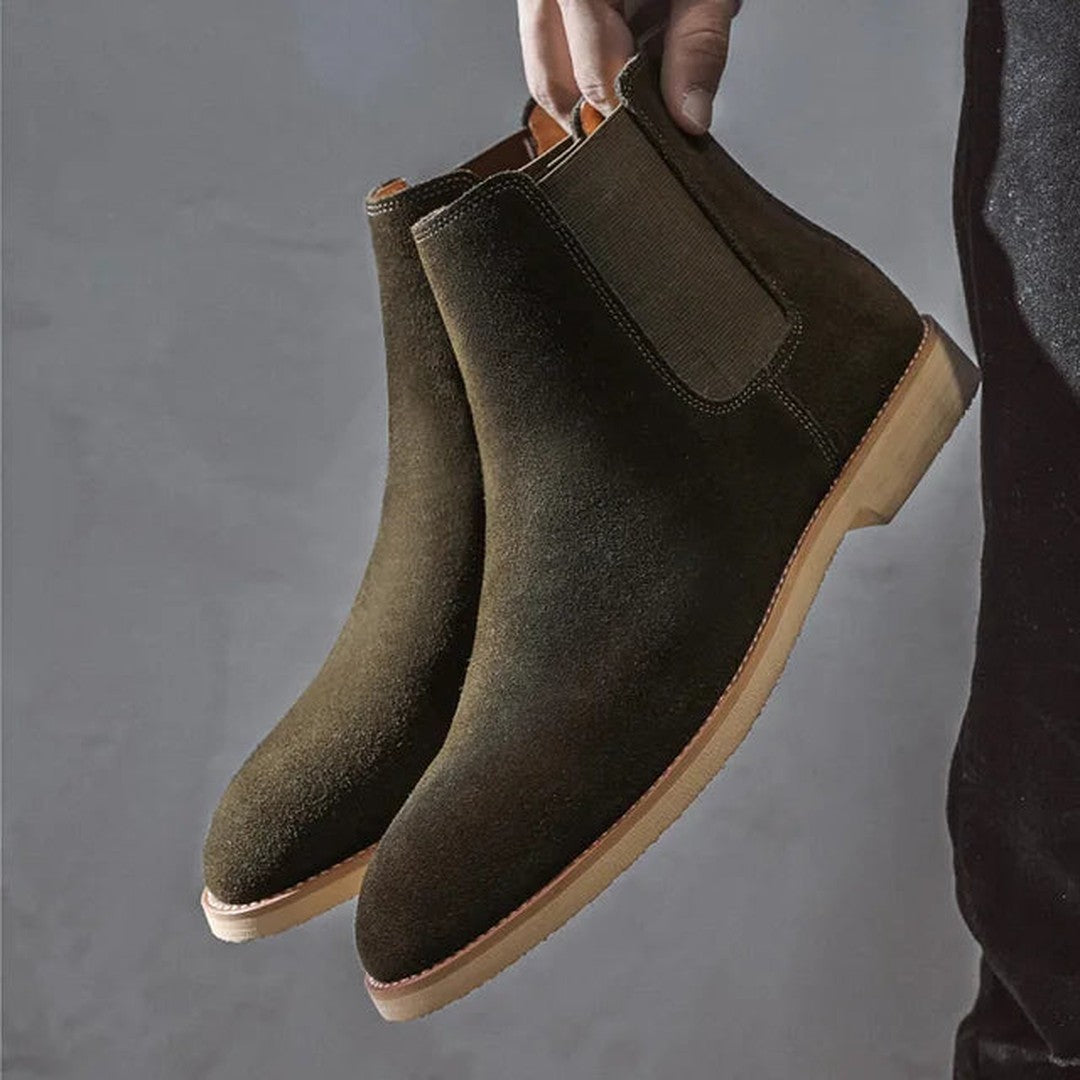 Man wearing the Marcel men's suede boots, model view