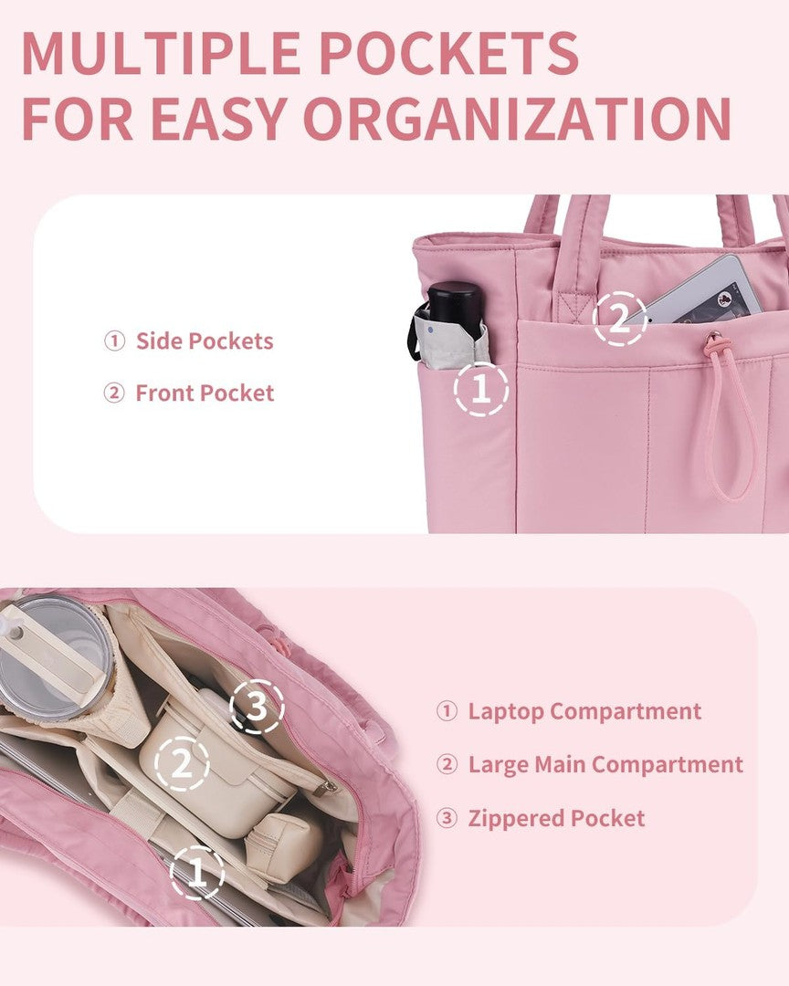 Quilted puffer tote with a tumbler pocket and laptop sleeve - product photo 12