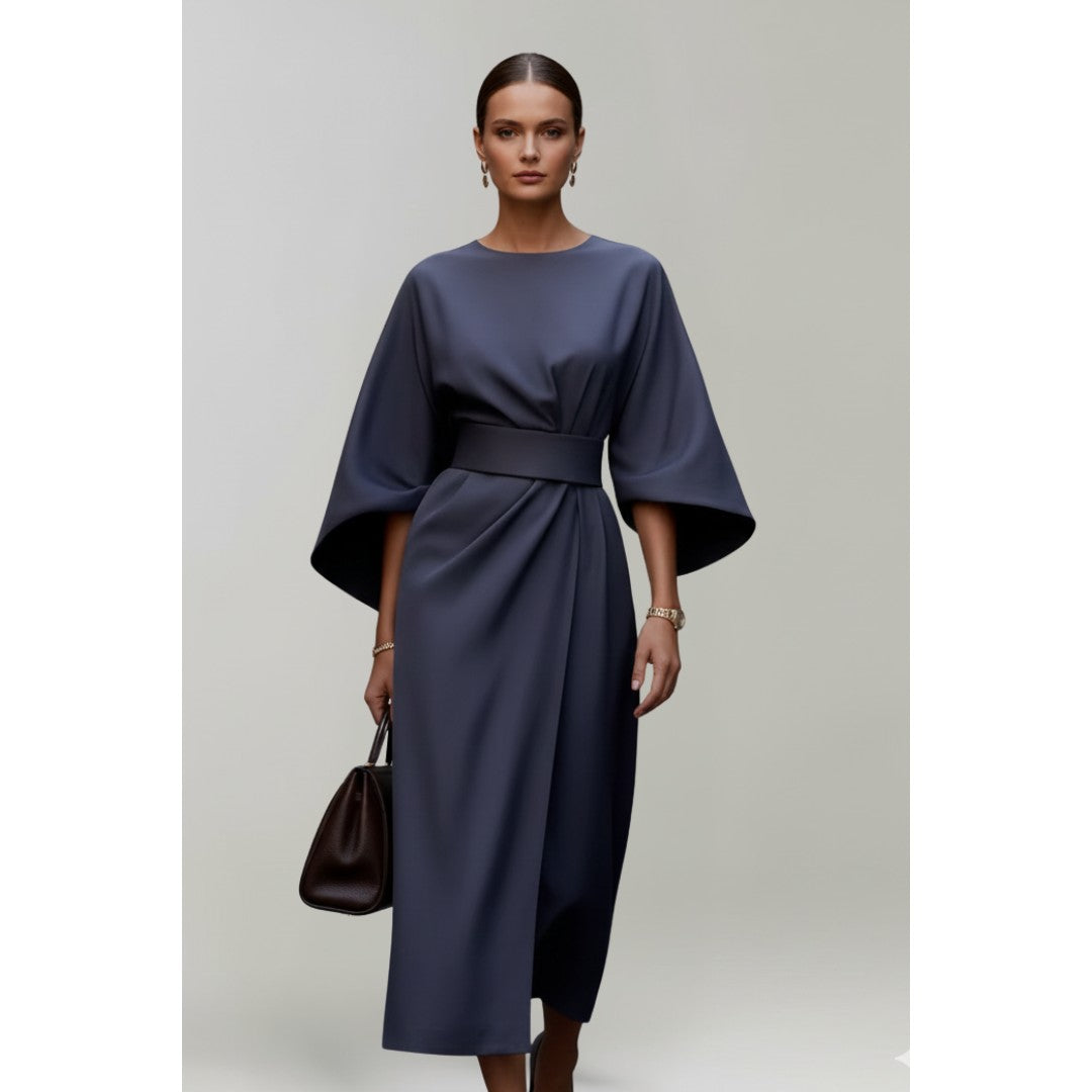 Woman wearing the Mathilda women's midi dress, back view