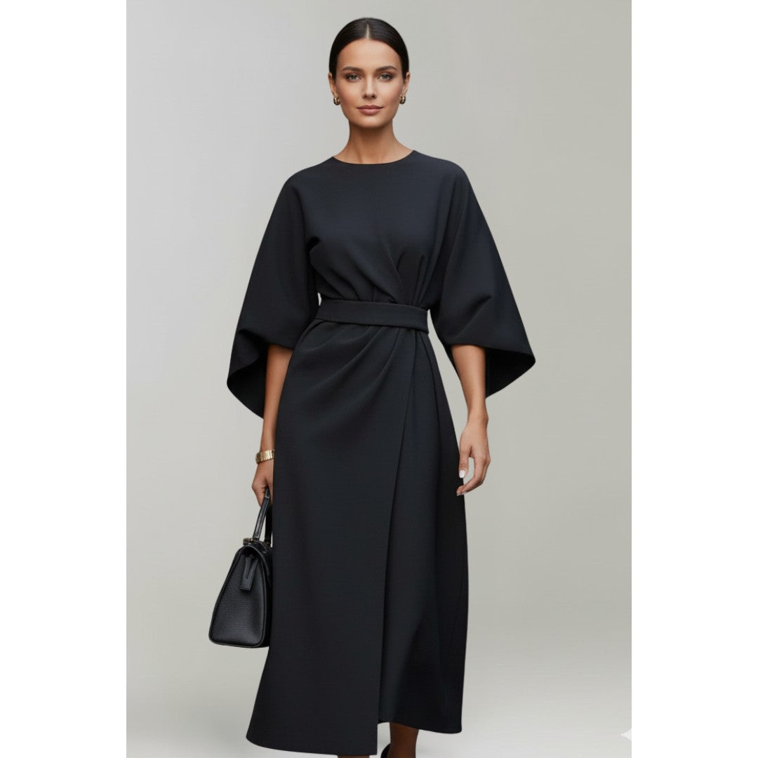 Woman wearing the Mathilda women's midi dress, detail view