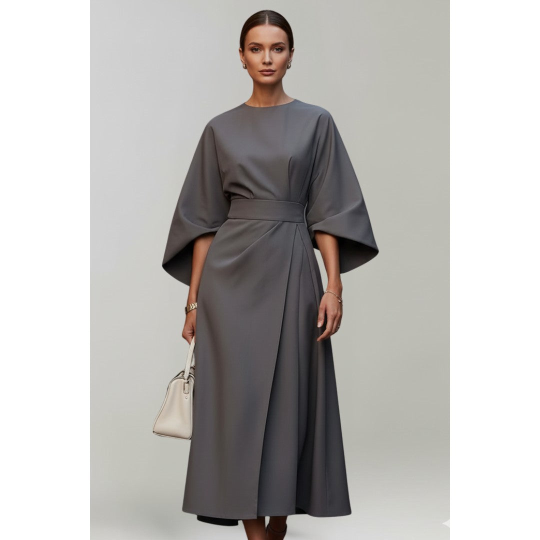 Woman wearing the Mathilda women's midi dress, flatlay view