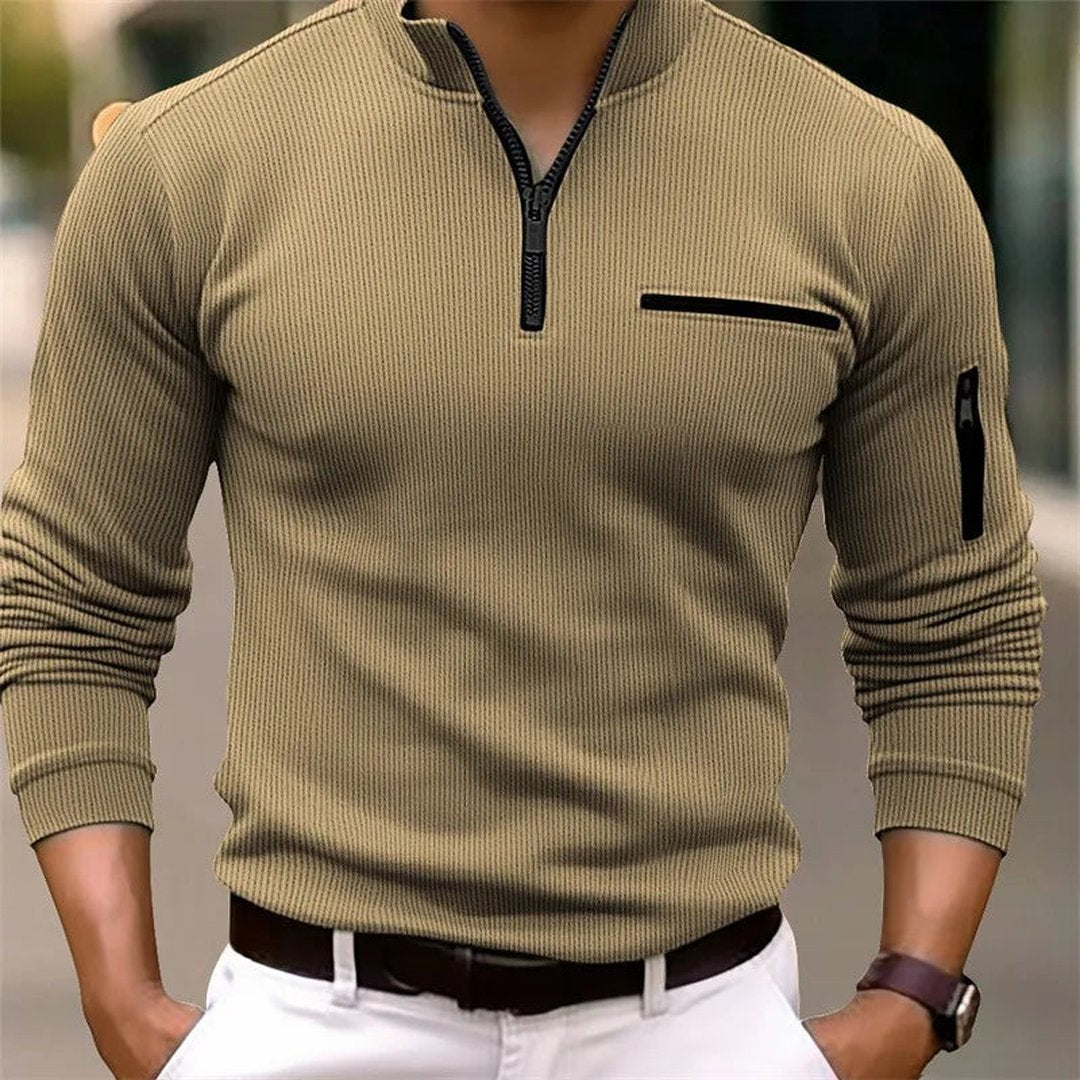 Man wearing the Matteo men's classic sweater, side view