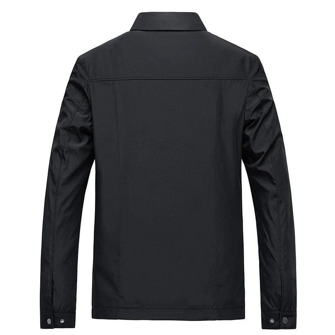 Man wearing the Maverick men's mini minimalist jacket, detail view