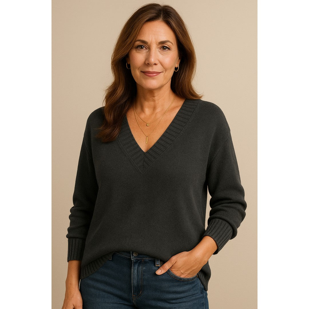 Woman wearing the Mavis women's v-neck long-sleeve sweater, 15 view