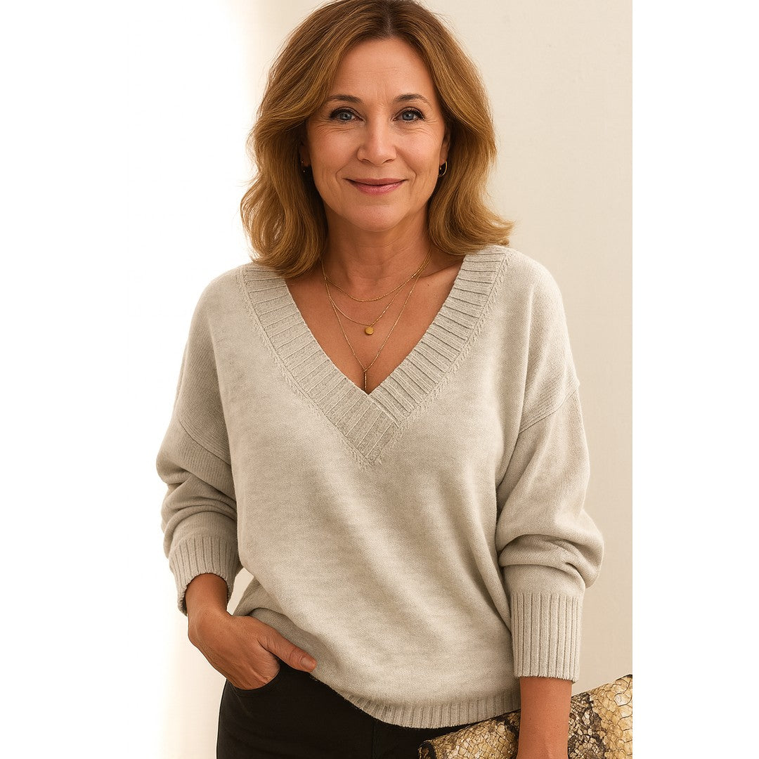 Woman wearing the Mavis women's v-neck long-sleeve sweater, 7 view