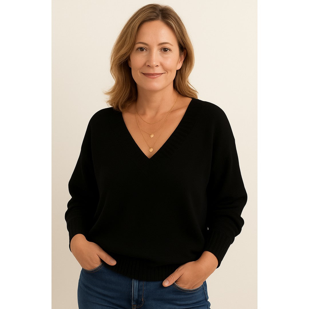 Woman wearing the Mavis women's v-neck long-sleeve sweater, model view