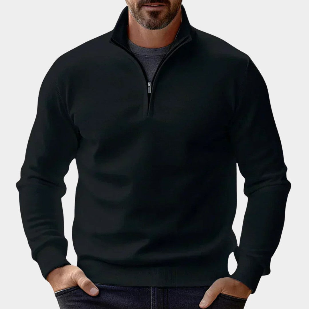 Man wearing the Maxim men's zip-up sweater, back view