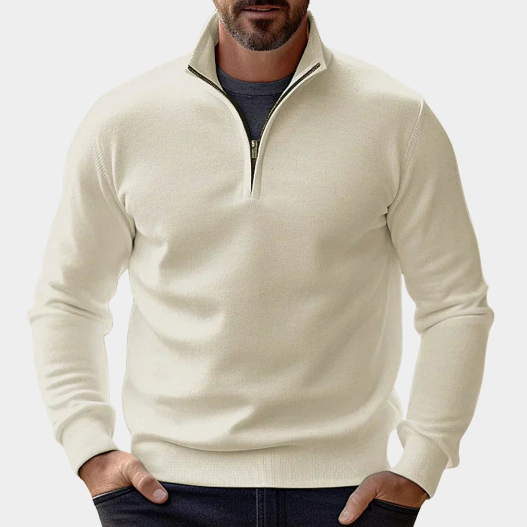 Man wearing the Maxim men's zip-up sweater, side view