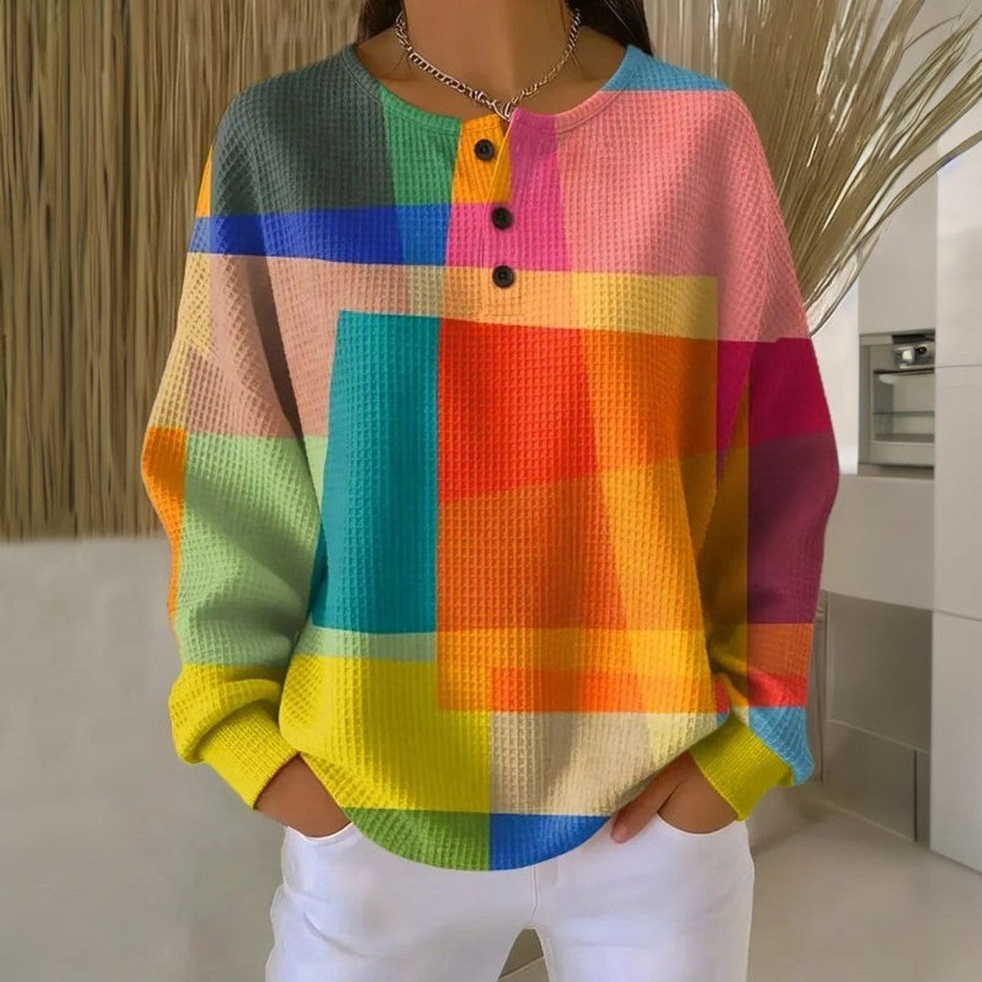 Woman wearing the Melanie women's crewneck vintage sweatshirt, back view