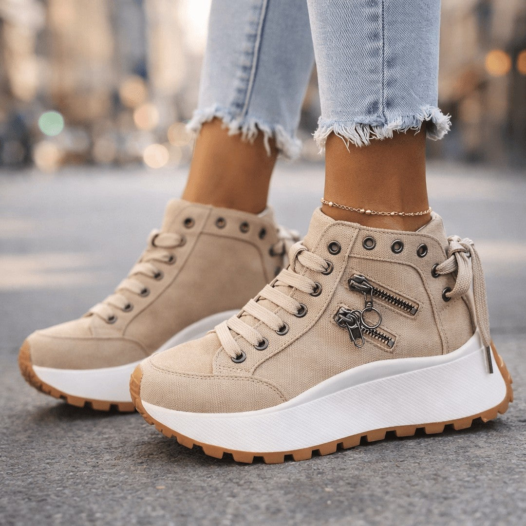 Woman wearing the Micaela women's lace shoes, flatlay view