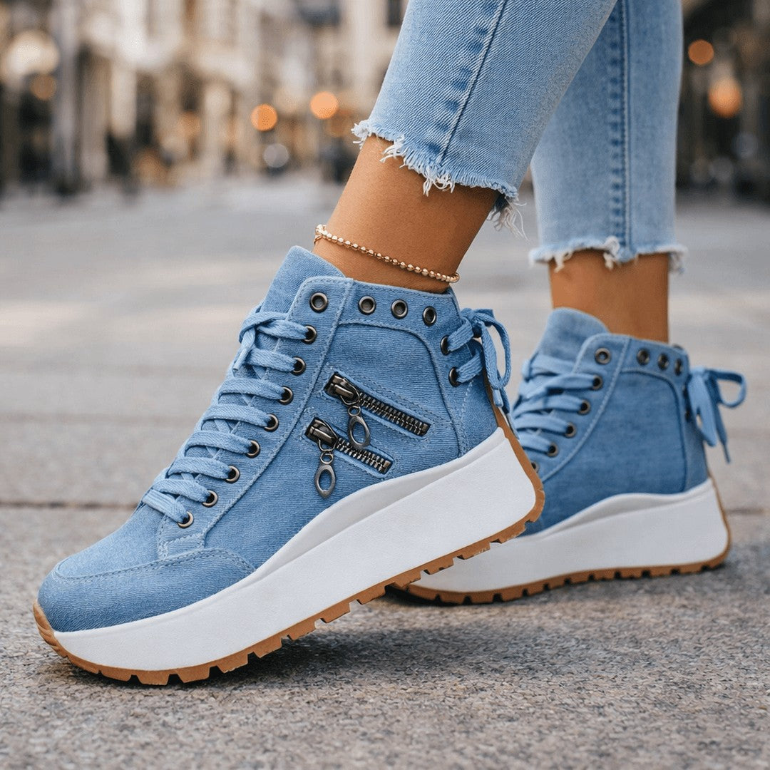 Woman wearing the Micaela women's lace shoes, front view