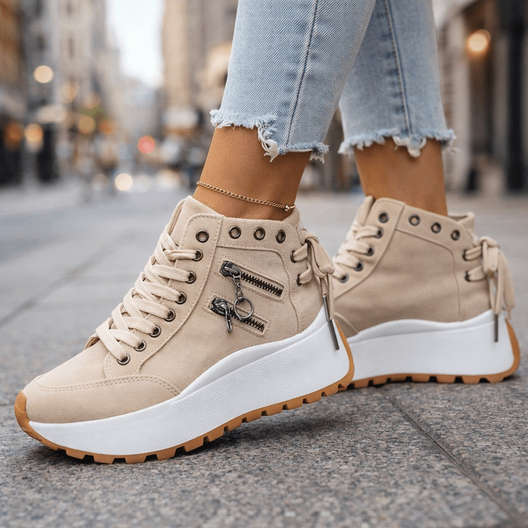 Woman wearing the Micaela women's lace shoes, model view