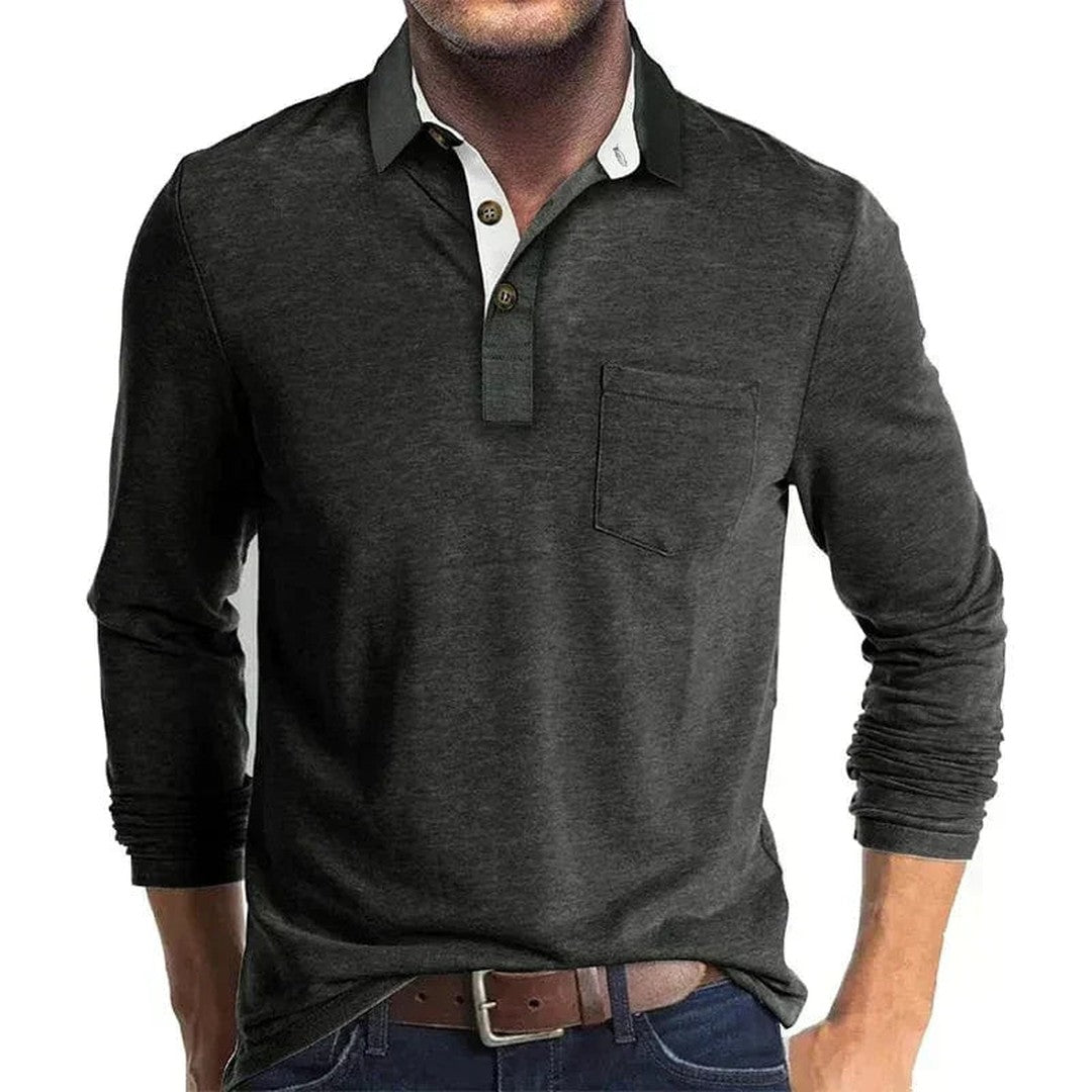 Man wearing the Micah men's long-sleeve polo shirt, 11 view