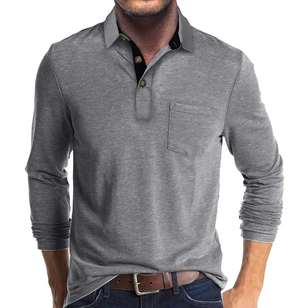 Man wearing the Micah men's long-sleeve polo shirt, 12 view