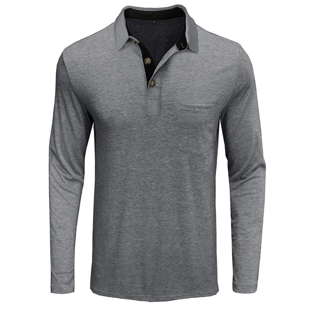 Man wearing the Micah men's long-sleeve polo shirt, 15 view