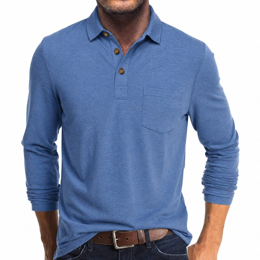 Man wearing the Micah men's long-sleeve polo shirt, 16 view