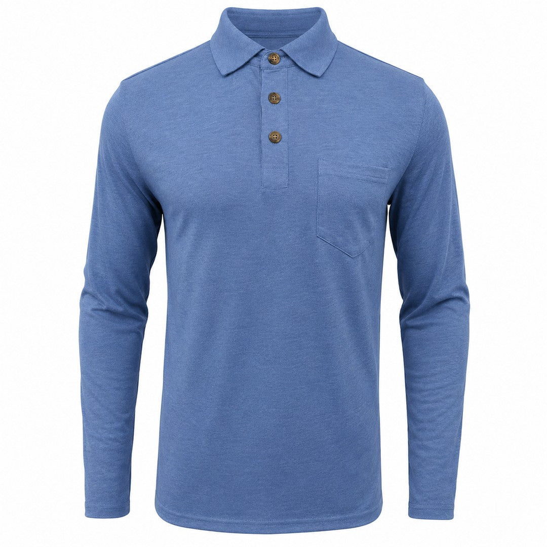 Man wearing the Micah men's long-sleeve polo shirt, 17 view