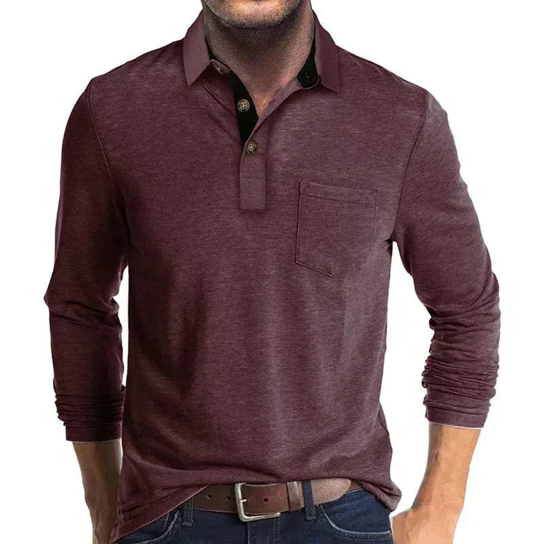 Man wearing the Micah men's long-sleeve polo shirt, 7 view