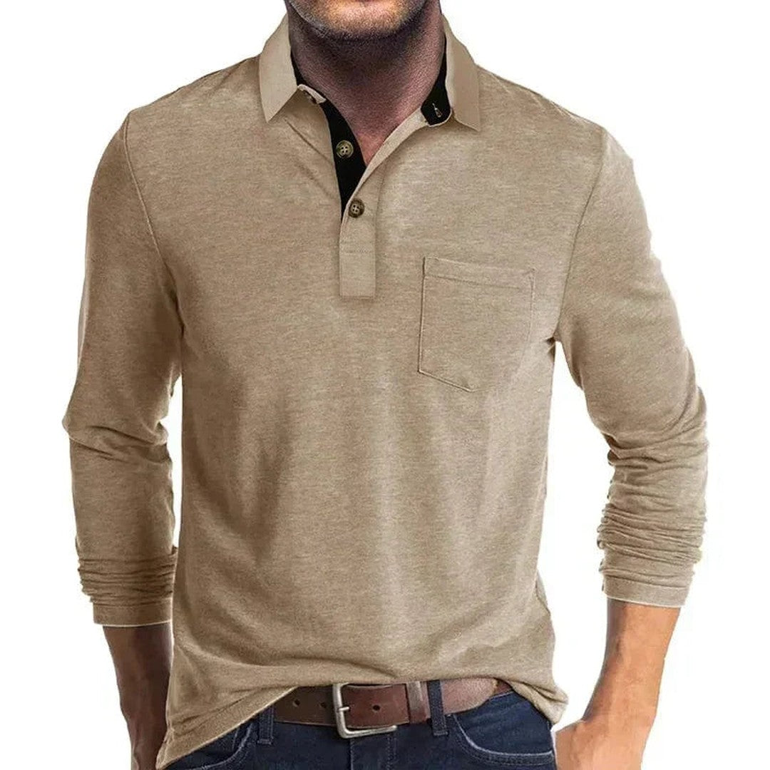 Man wearing the Micah men's long-sleeve polo shirt, 8 view