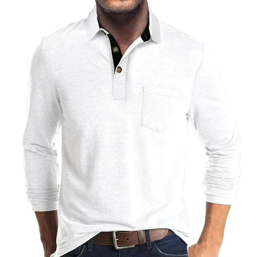 Man wearing the Micah men's long-sleeve polo shirt, 9 view