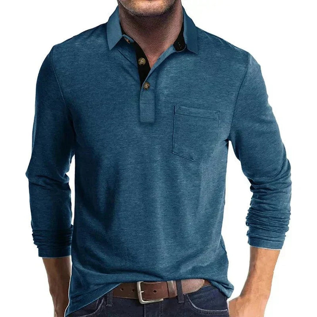 Man wearing the Micah men's long-sleeve polo shirt, back view