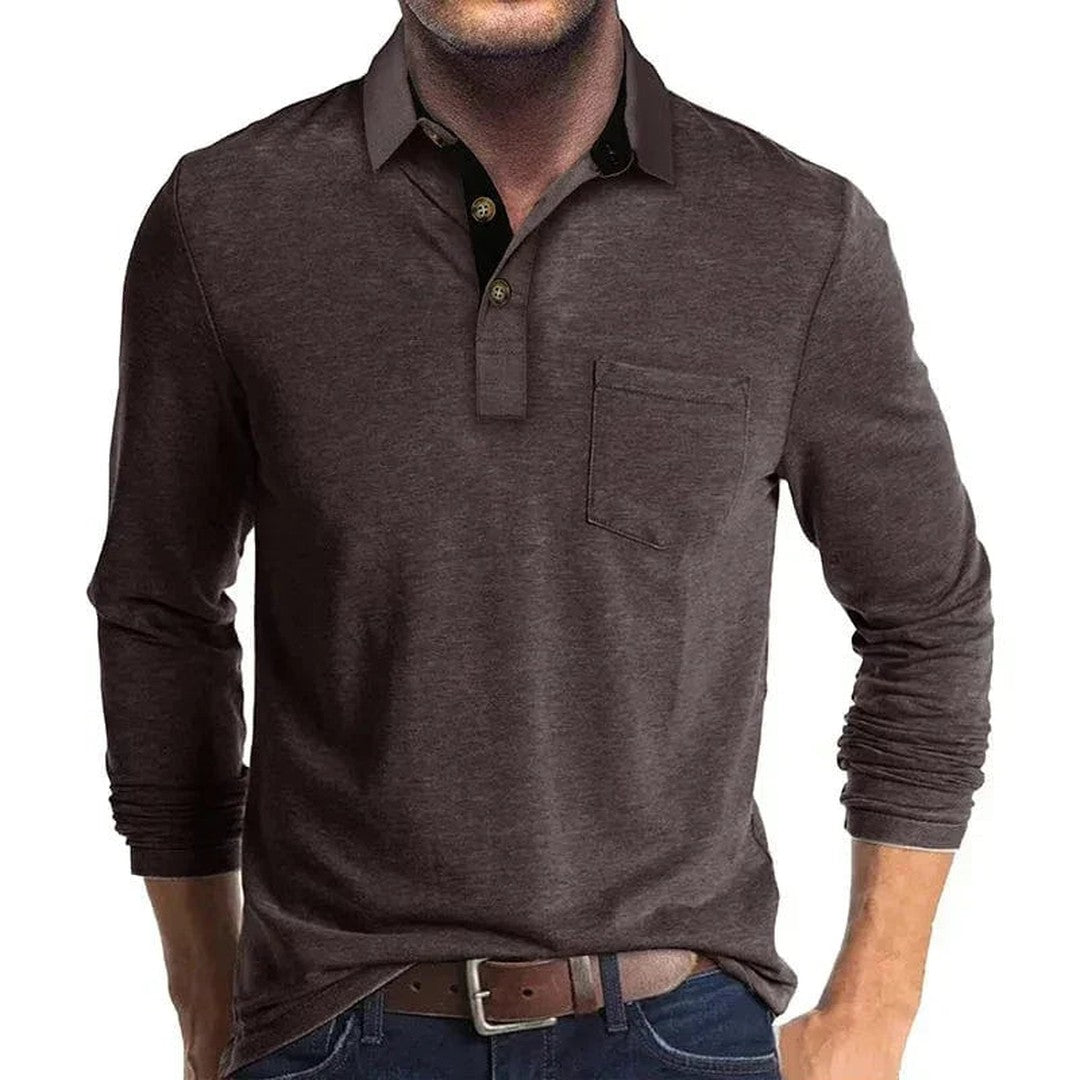 Man wearing the Micah men's long-sleeve polo shirt, detail view