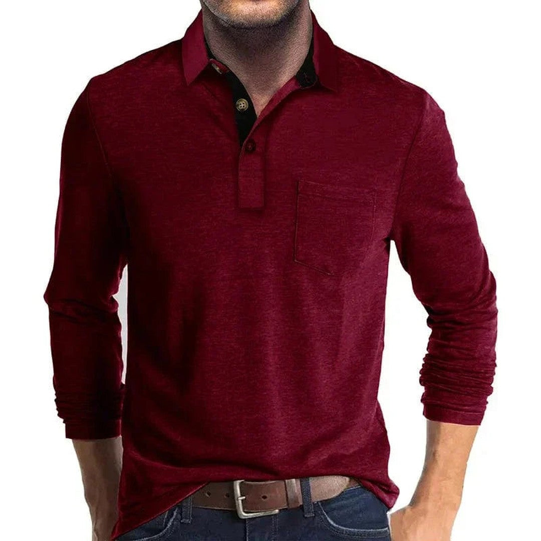 Man wearing the Micah men's long-sleeve polo shirt, flatlay view