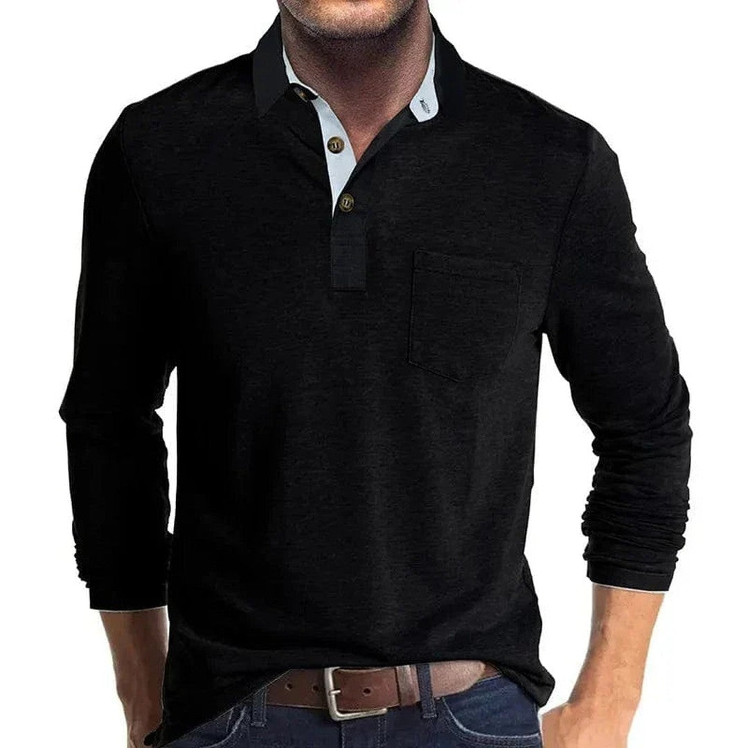 Man wearing the Micah men's long-sleeve polo shirt, front view