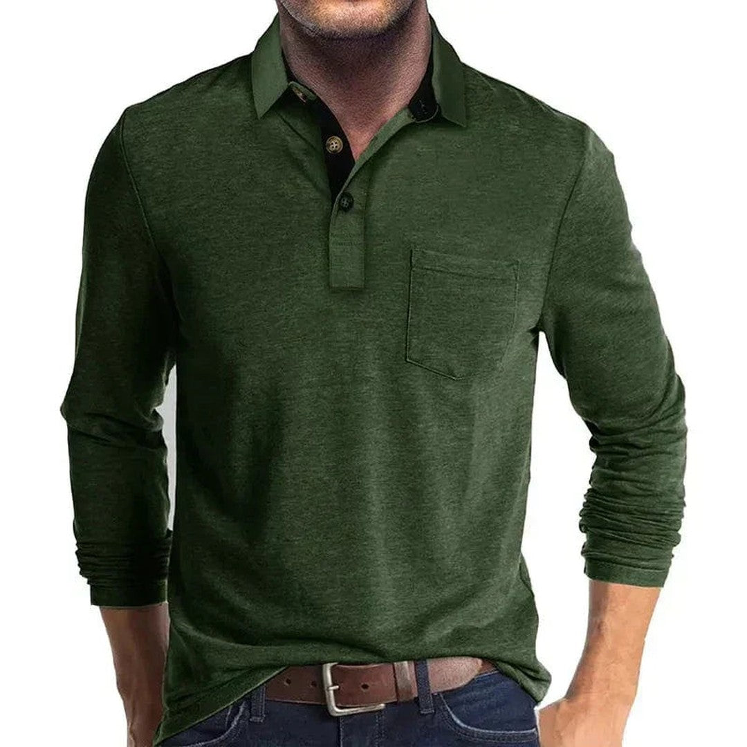 Man wearing the Micah men's long-sleeve polo shirt, model view