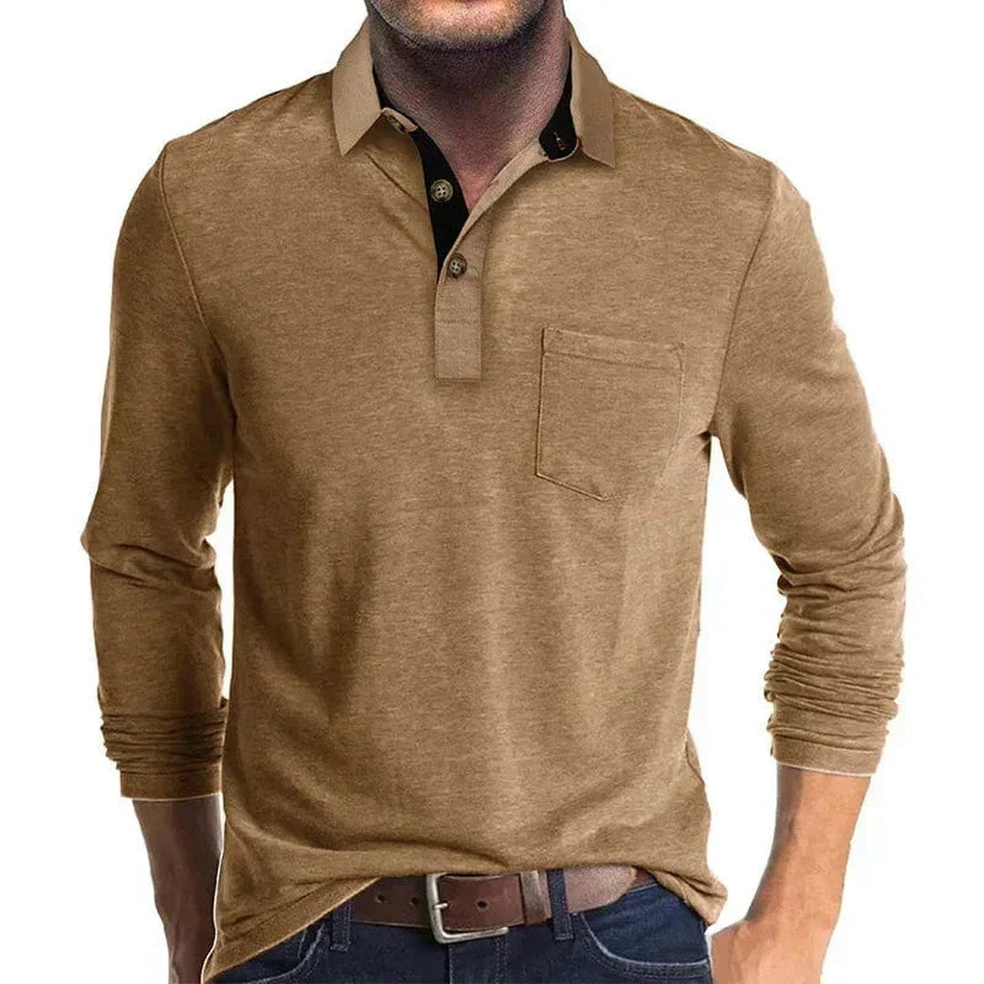 Man wearing the Micah men's long-sleeve polo shirt, side view