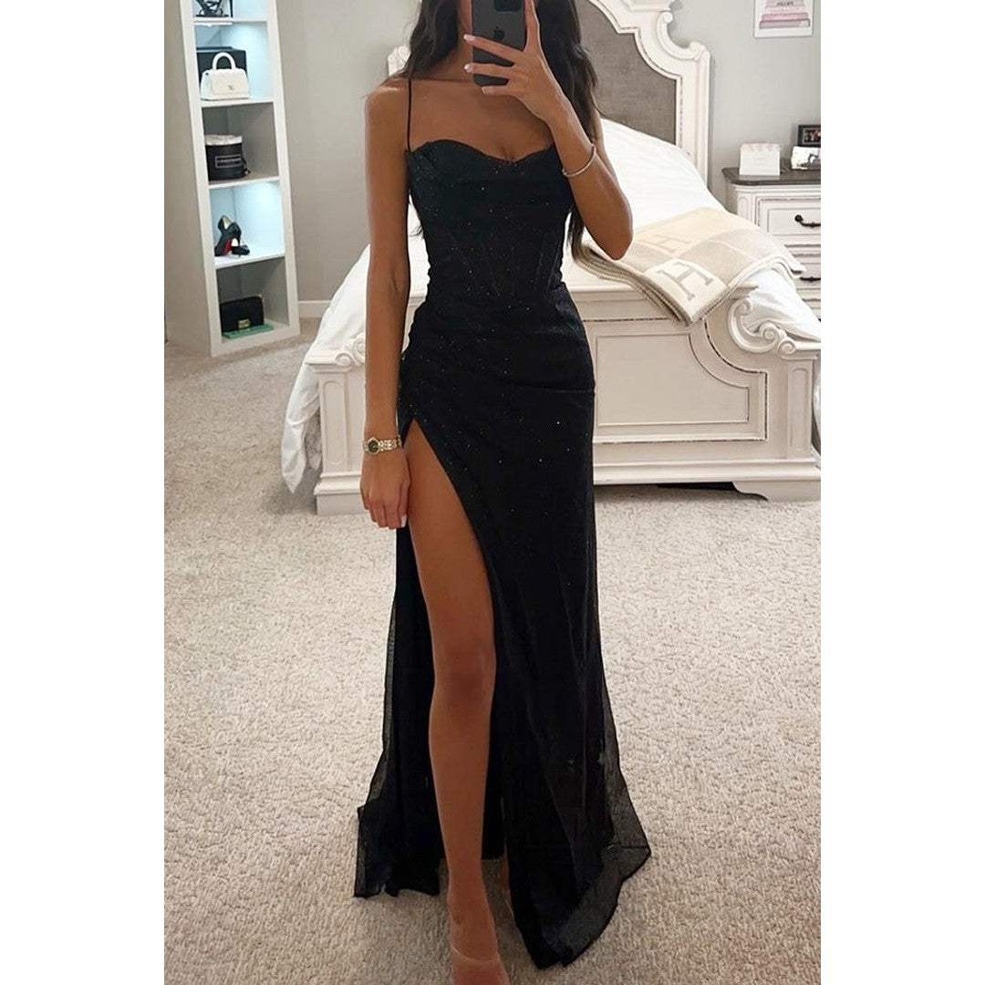 Woman wearing the Mina women's dress, flatlay view