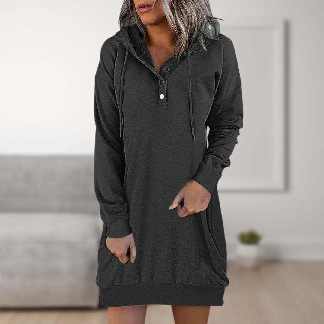 Woman wearing the Mirabel women's hooded sweater, back view