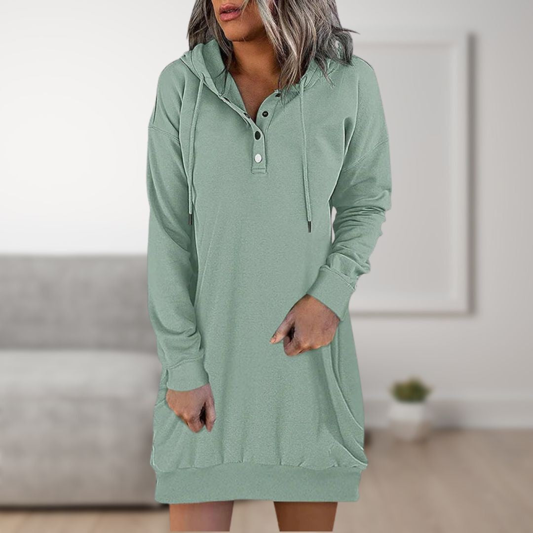 Woman wearing the Mirabel women's hooded sweater, detail view
