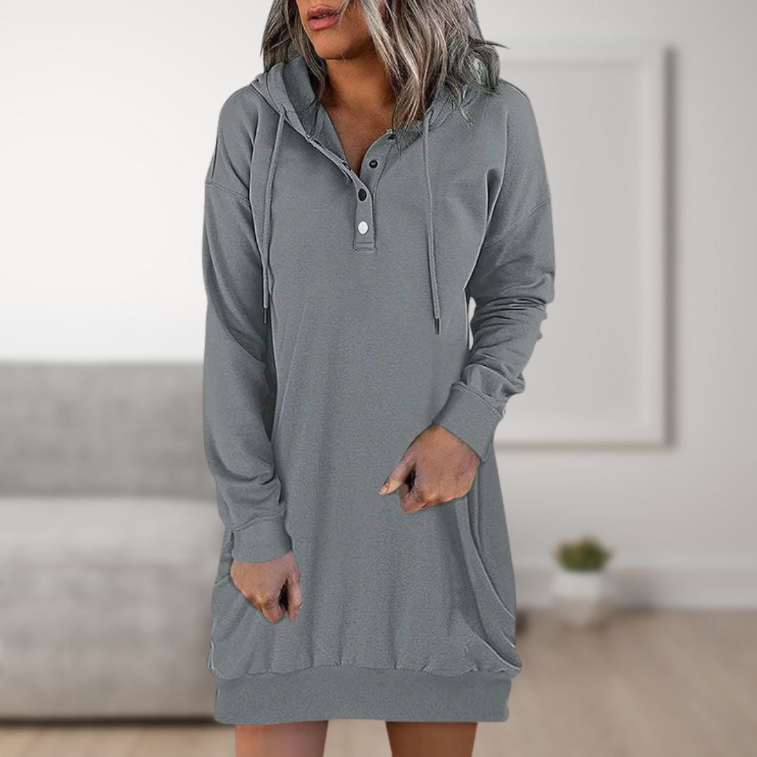 Woman wearing the Mirabel women's hooded sweater, front view