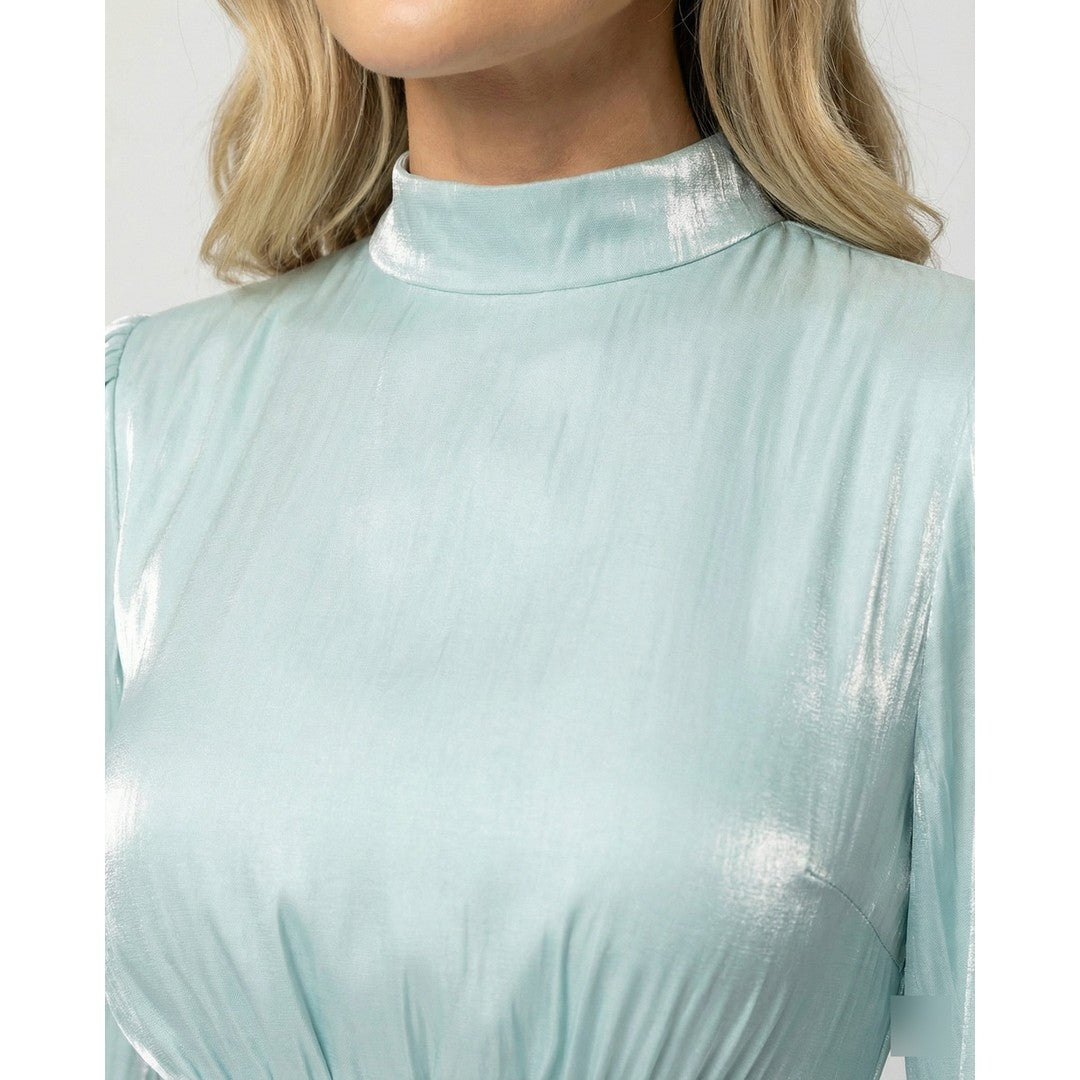 Woman wearing the Moira women's maxi dress, back view